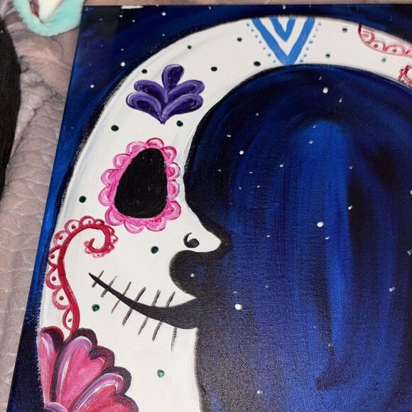 Day of The Dead Spooky Crescent Sugar Skull Moon Acrylic Painting on Canvas - Picture 6 of 10